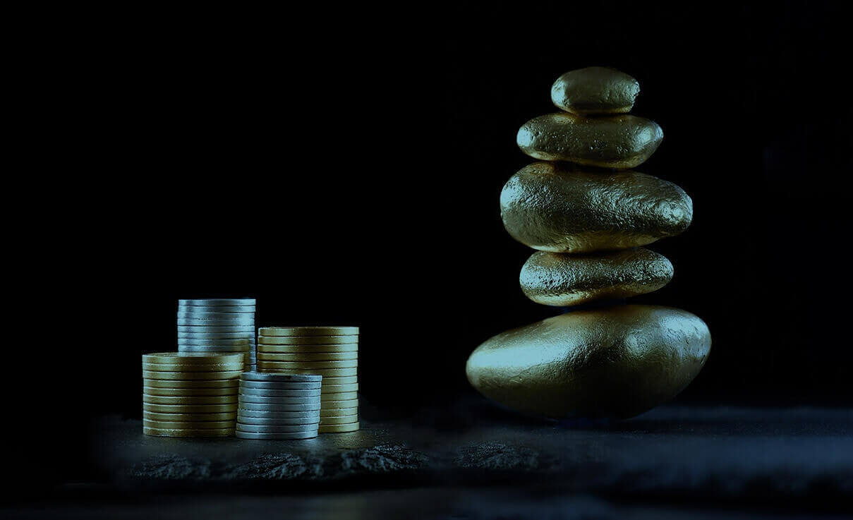 Coins pile with gold blocks